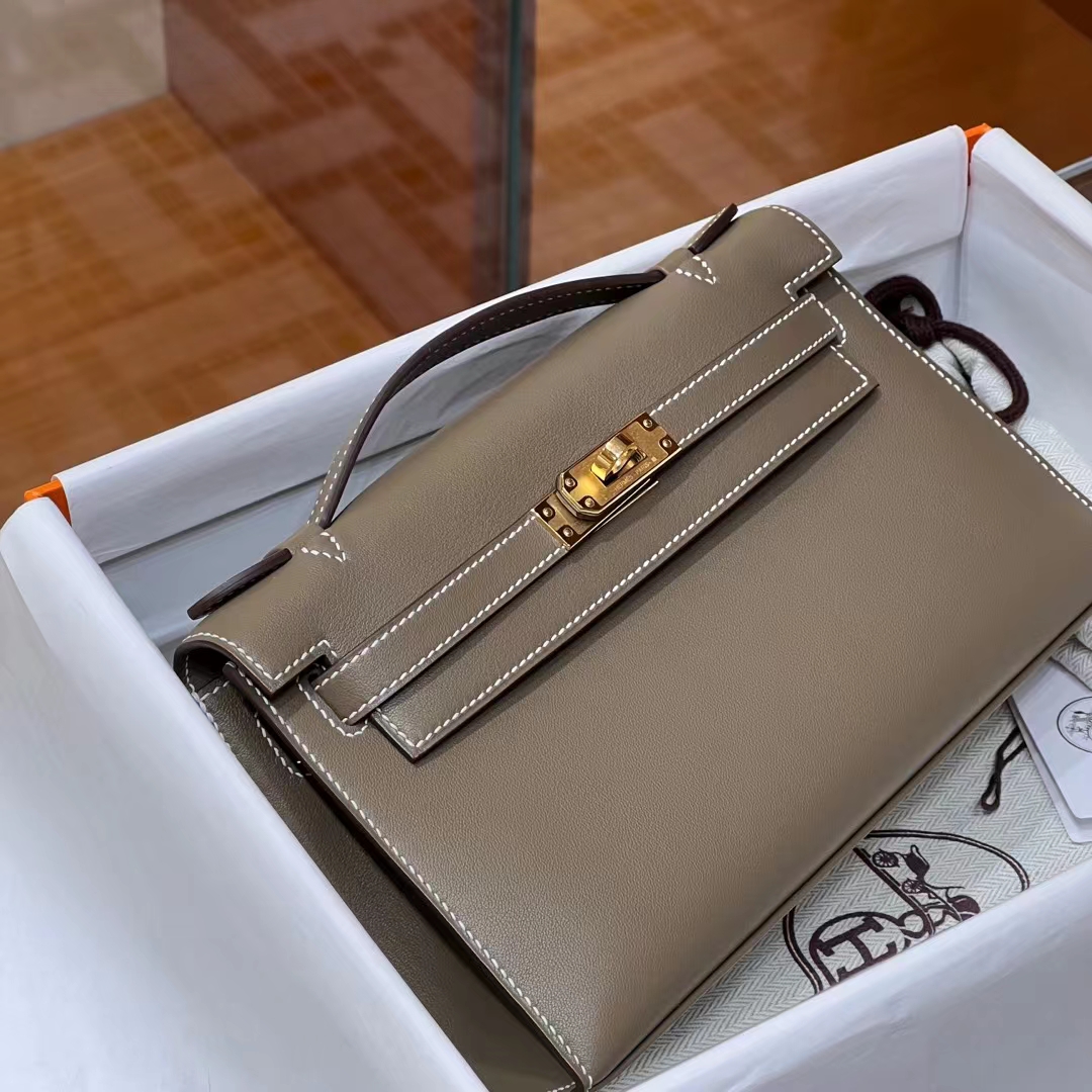 HERMES Kelly Pochette 8C Gri Elephant Swift Full handmade Kelly fatory