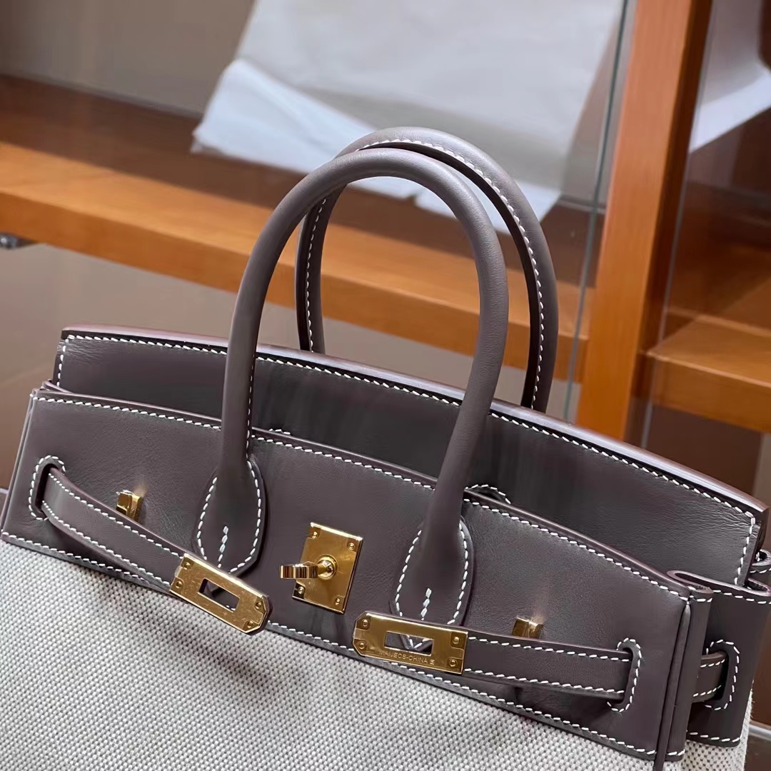 HERMES Birkin 25CM Swift&Canvas 8C Gri Elephant Full handmade Factory