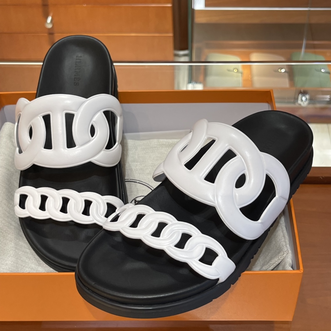 HERMES Extra  Sandals New Slippers Handmade Italian lamb sole 10 days of shipment 01 Blanc