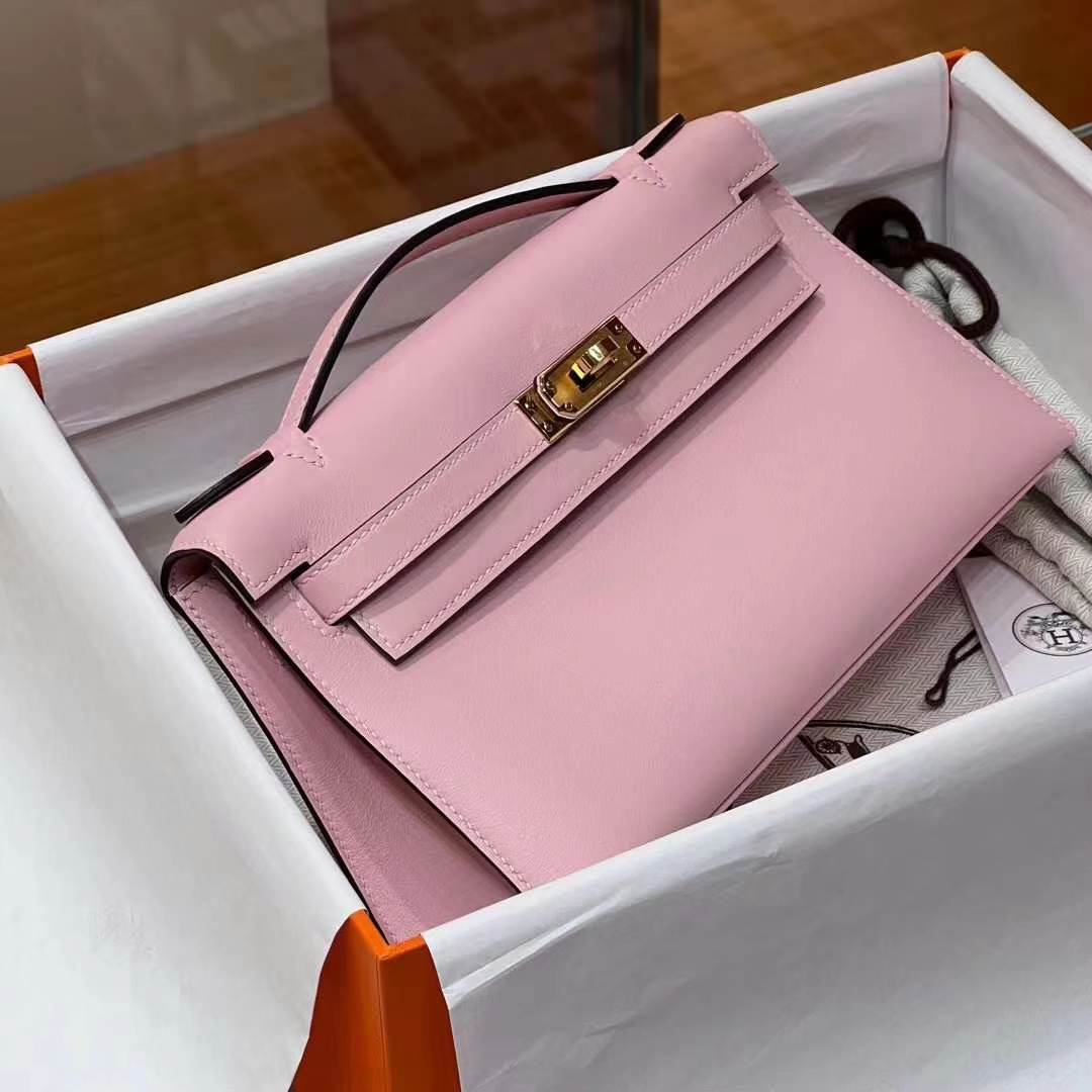 HERMES Kelly Pochette Swift 5P Pink Full handmade 22x14x7cm 【God Factory】 Factory