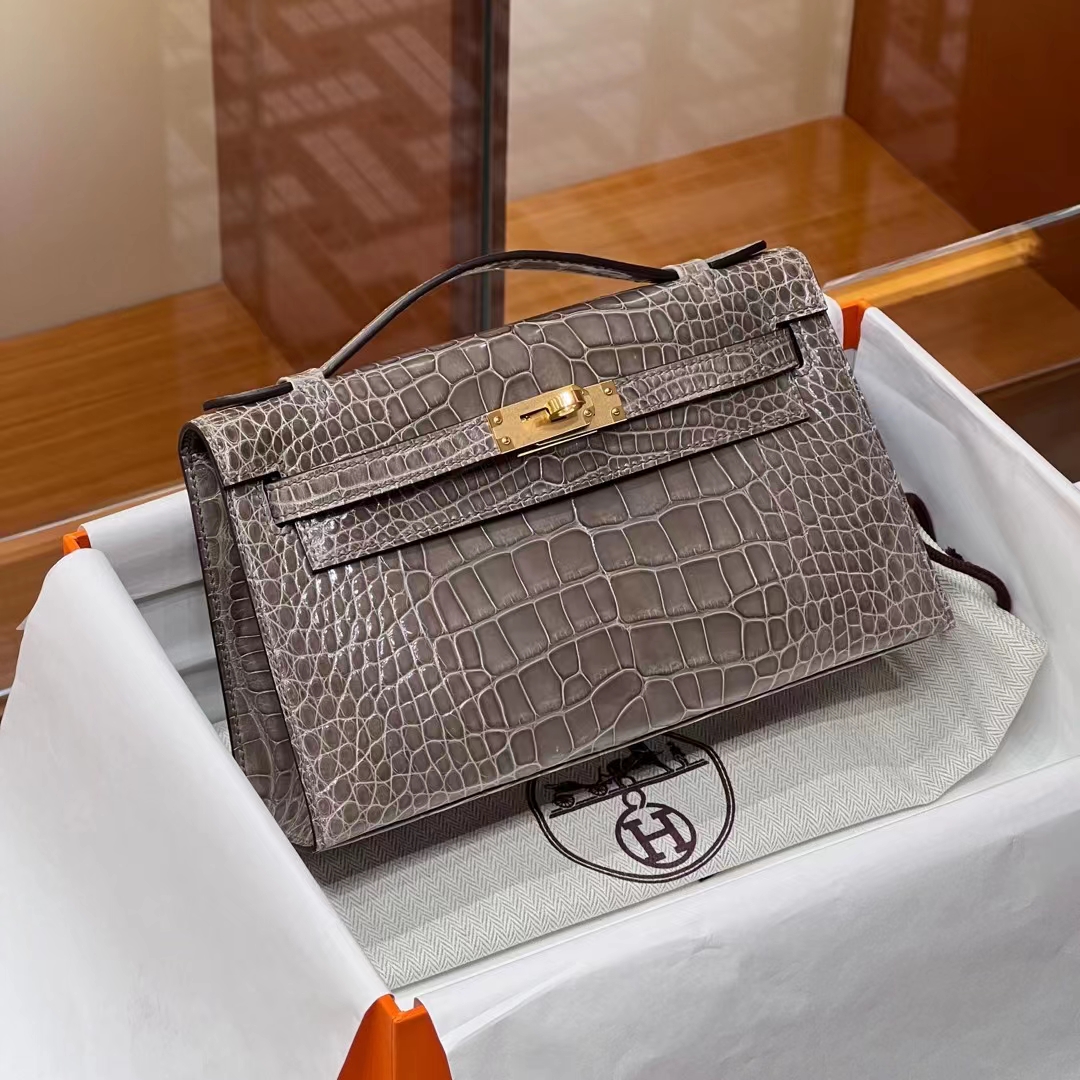 HERMES Kelly pochetto 22cm 8C Gri Elephant  Alligator GOLD Hardware HandMade
