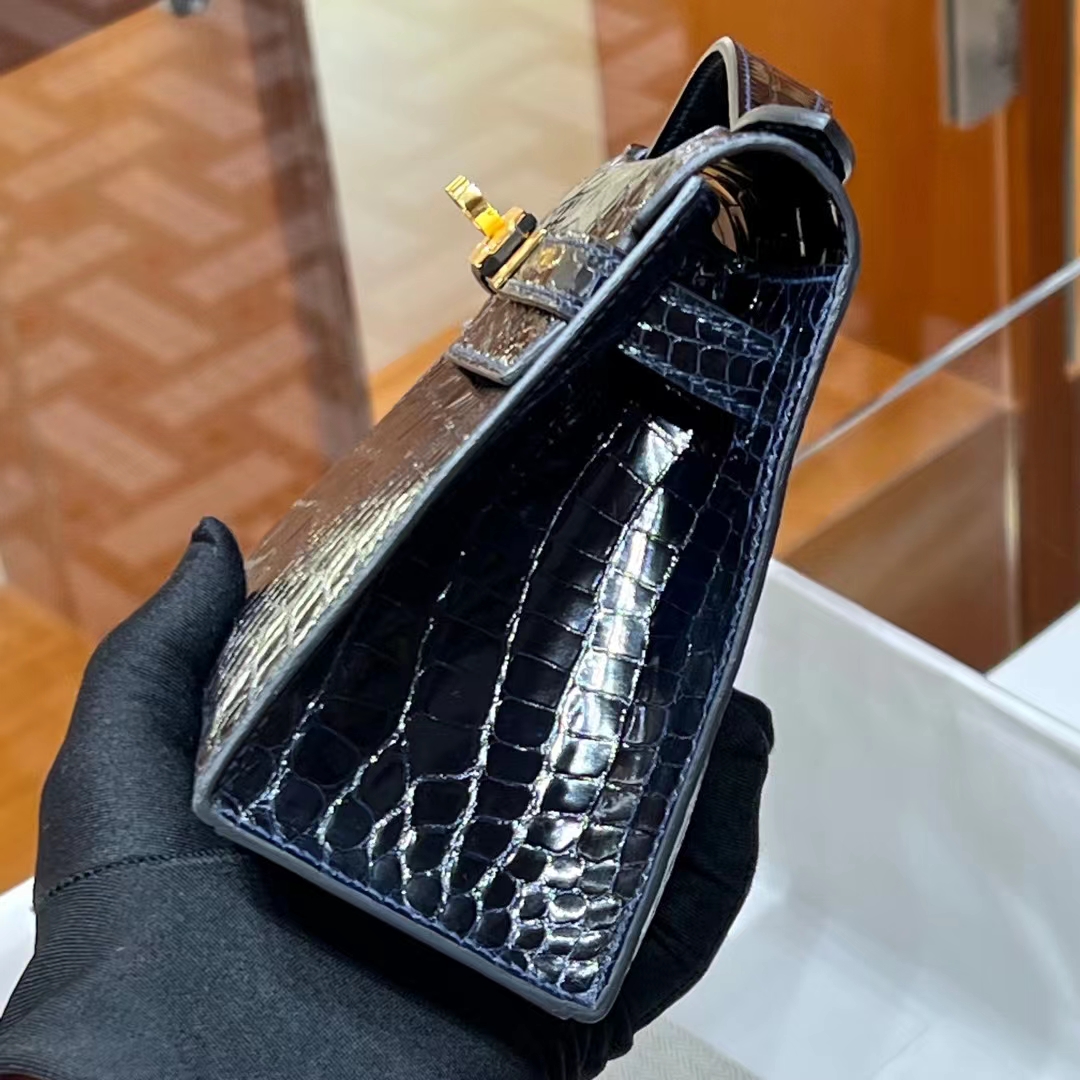 HERMES Kelly Pochette Alligator 2Z Blue nuit Full handmade 22x14x7cm 【God Factory】 Factory