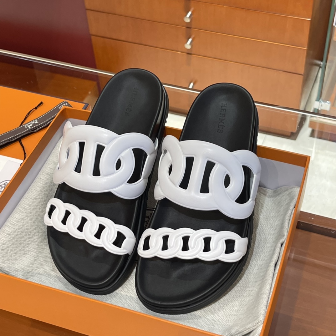 HERMES Extra  Sandals New Slippers Handmade Italian lamb sole 10 days of shipment 01 Blanc
