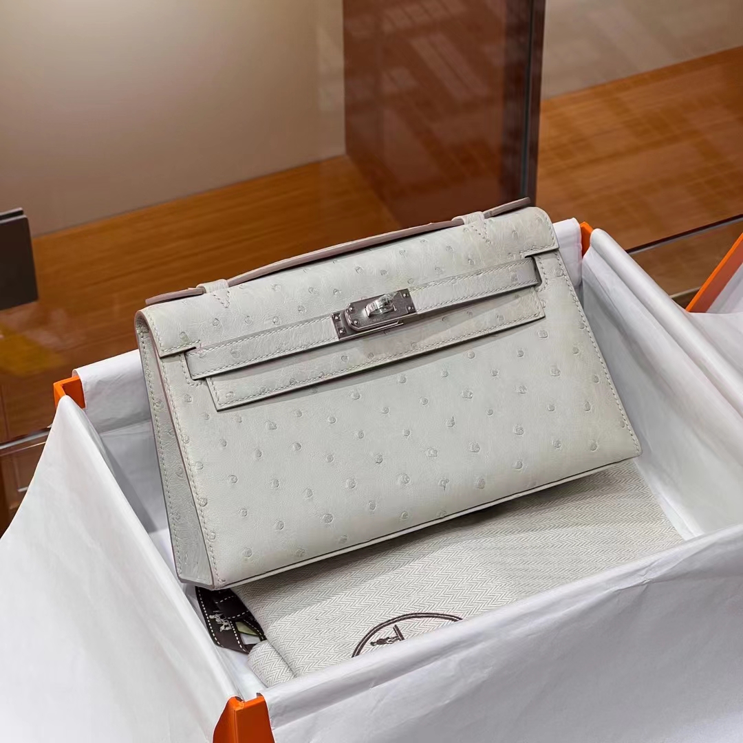 HERMES Kelly Pochette 8L Beton Ostrich SHW Full handmade fatory