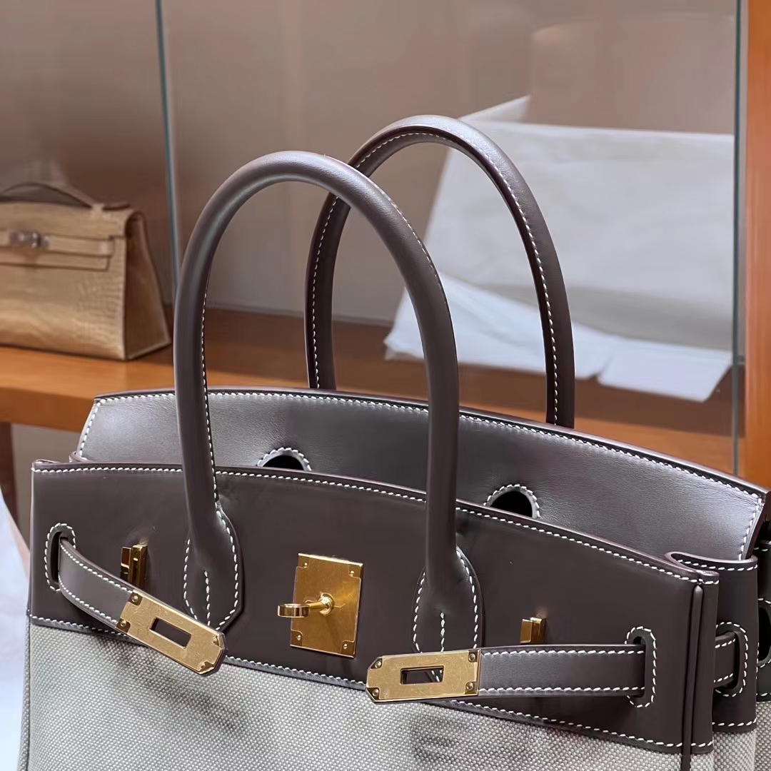 HERMES Birkin 30CM Swift&Canvas 8C Gri Elephant Full handmade Factory