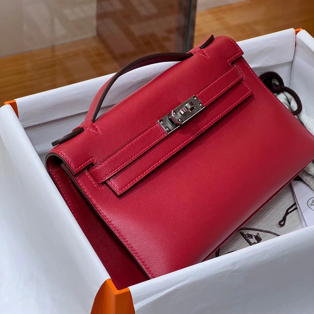 HERMES Kelly Pochette 55 Rouge H Swift Full handmade Kelly fatory