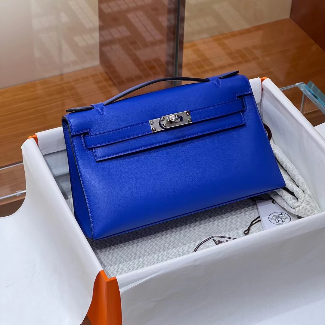HERMES Kelly Pochette 22CM 7T Bleu electrique Swift SHW Full handmade fatory