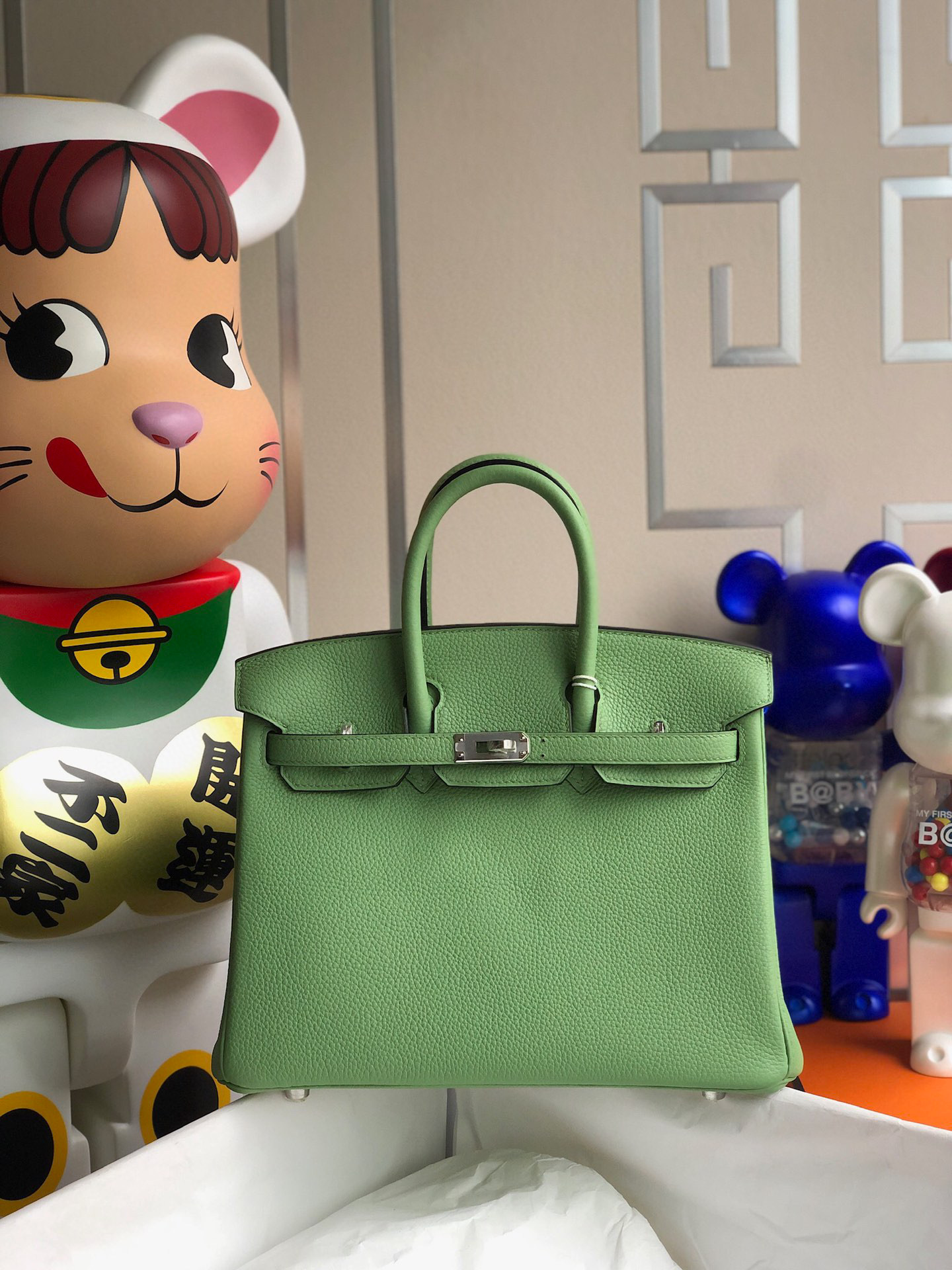 Hermes Birkin 25CM Togo Leather 3i Vert Criquet Silver Hardware HandMade