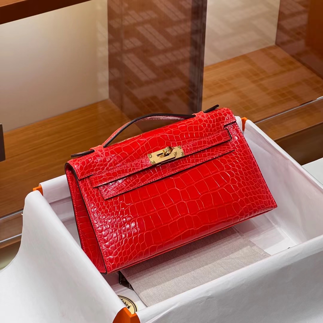 HERMES Kelly pochetto 22cm S5 Rouge Tomate Alligator GOLD Hardware HandMade