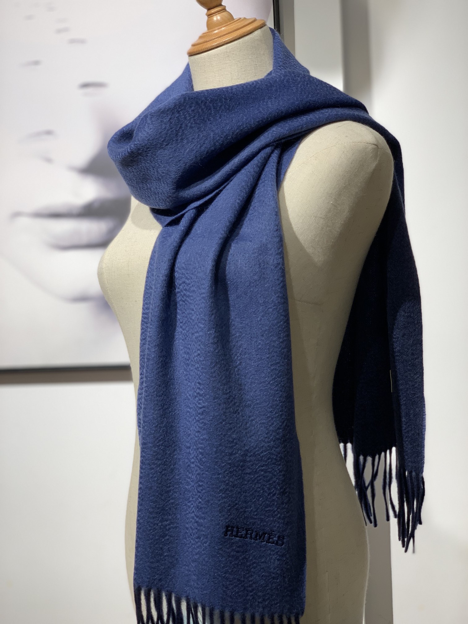 HERMES Cashmere Scarf Z7 Bleu Ocean Fatory 30*180cm