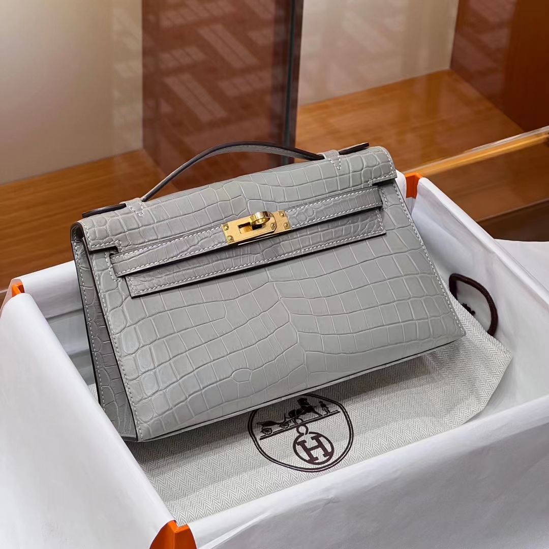 HERMES Kelly pochetto 22cm M8 Gris Asphalte Niloticus GOLD Hardware HandMade