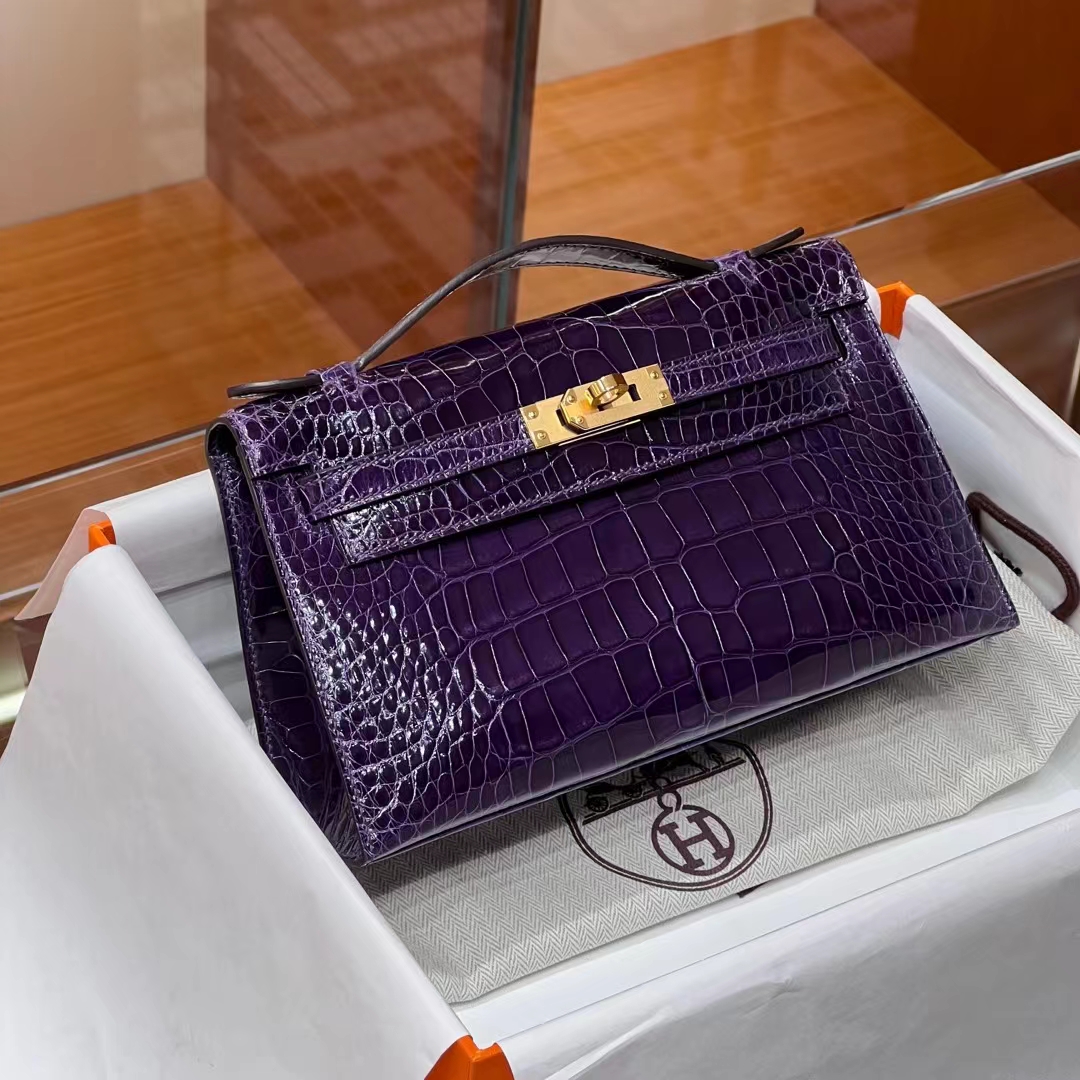 HERMES Kelly pochetto 22cm 9G Amethyste Alligator GOLD Hardware HandMade