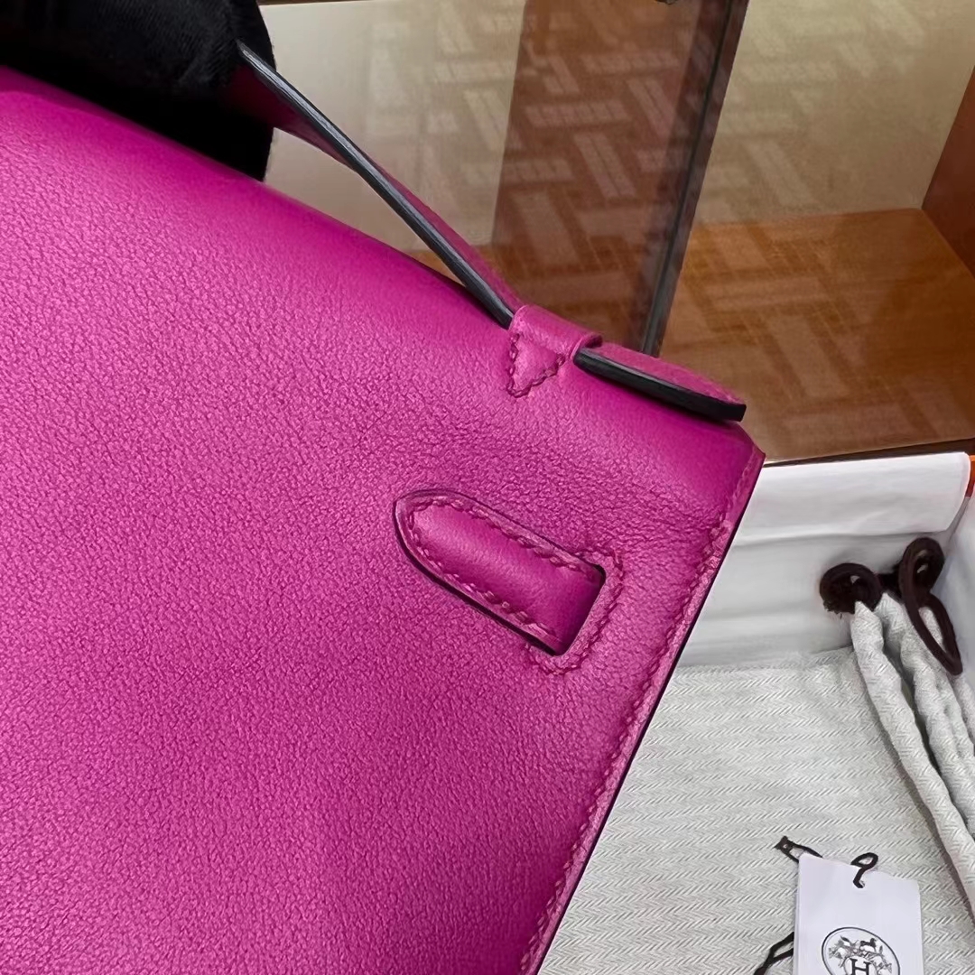 HERMES Kelly Pochette 22CM 5J Fushsia Swift SHW Full handmade fatory