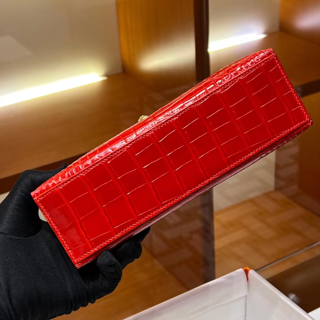 HERMES Kelly pochetto 22cm S5 Rouge Tomate Alligator GOLD Hardware HandMade