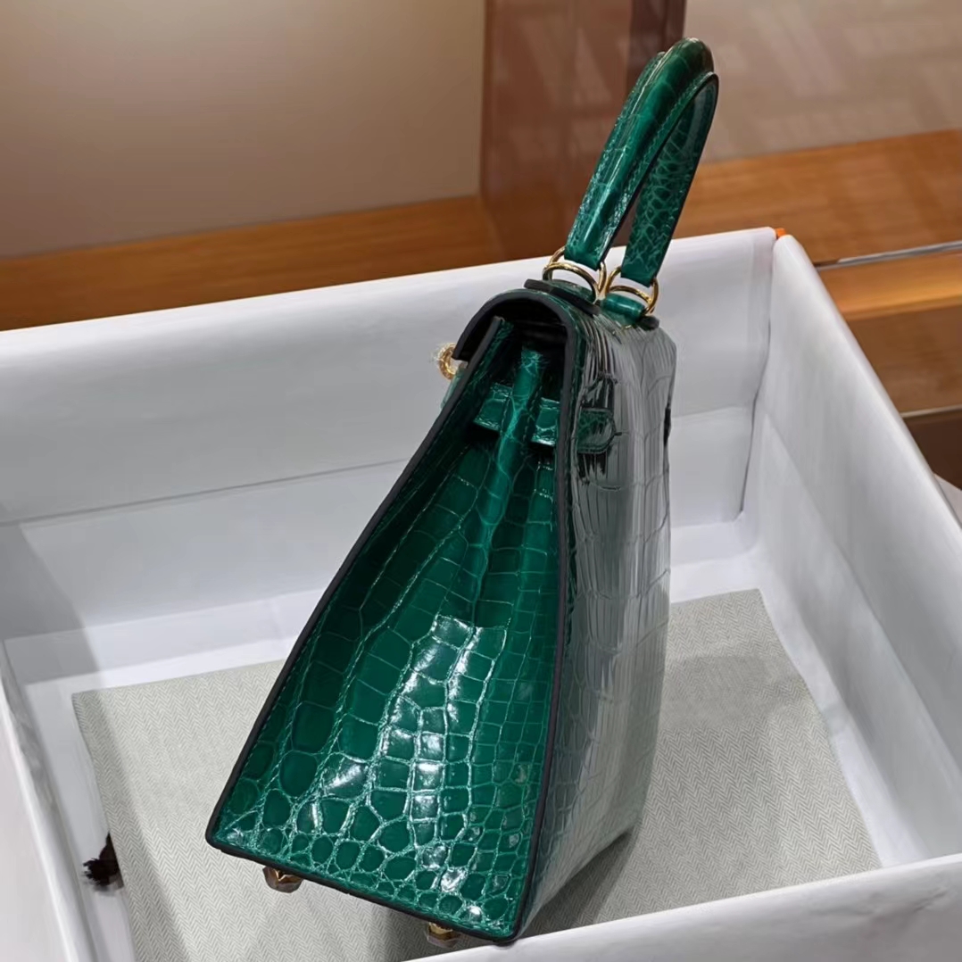 HERMES Kelly 25CM/28CM 6Q Vert Emeraude Alligator GHW Full handmade