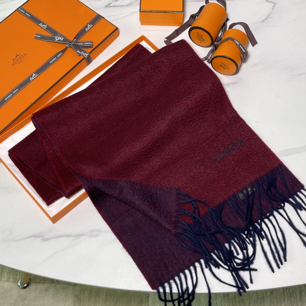 HERMES Cashmere Scarf F5 Bourgogne Fatory 30*180cm