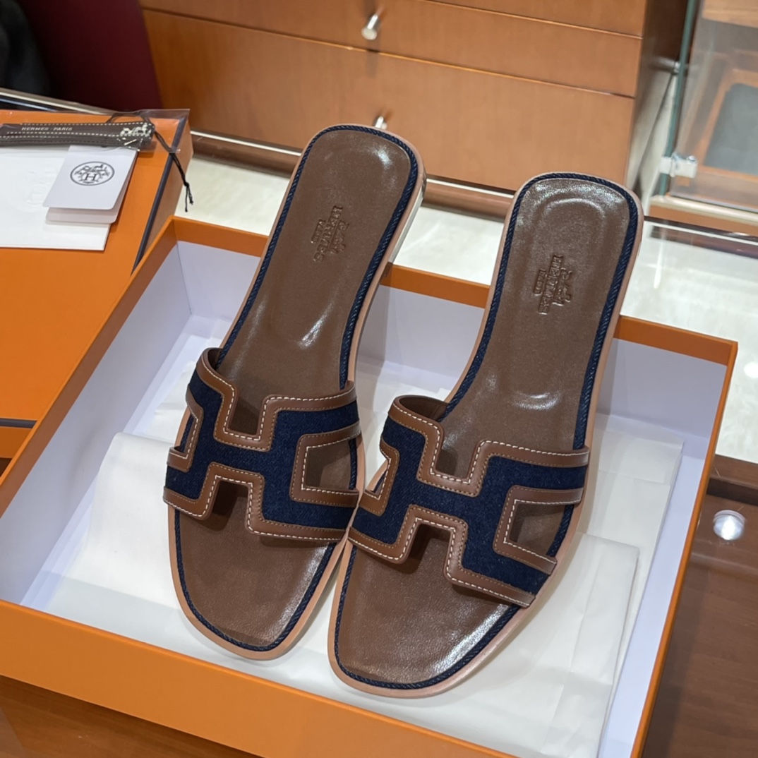 HERMES  Sandals New Slippers Handmade Italian lamb sole 10 days of shipment 73 Blue Saphir&CK37