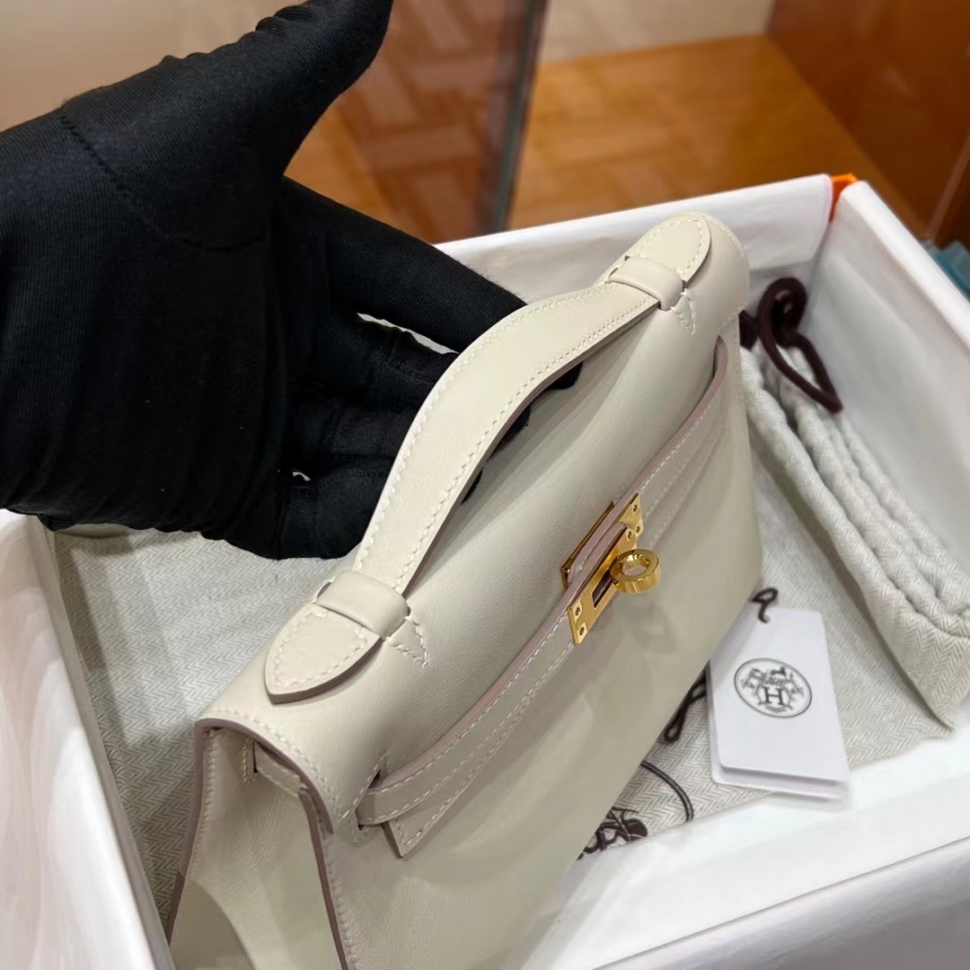 HERMES Kelly Pochette 10 Craie Swift Silvery Full handmade Kelly fatory