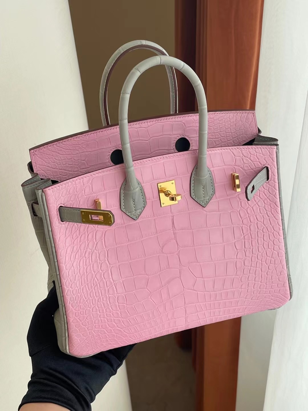 Hermes Birkin 25CM 5P Pink 80 Gris Perle Matte Alligator Crocodile