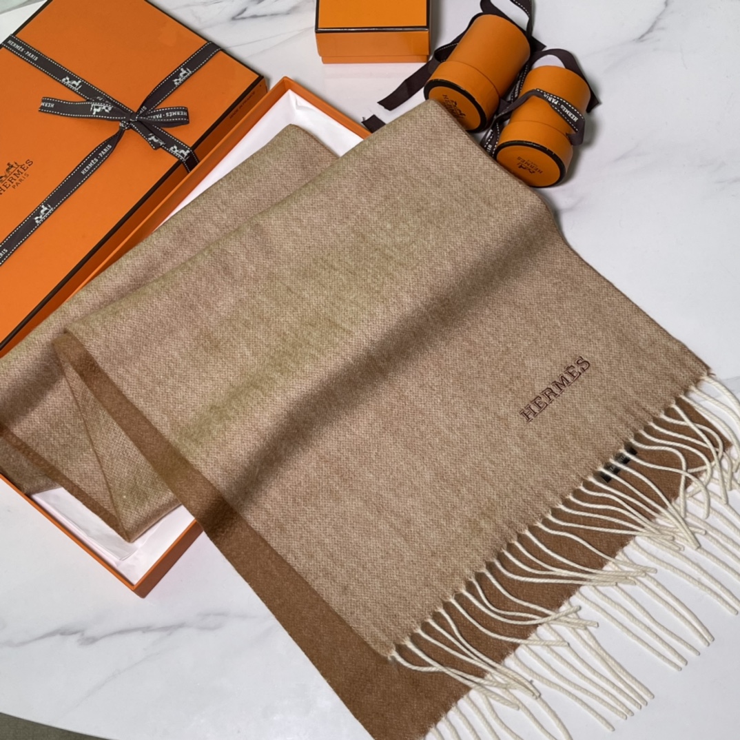 HERMES Cashmere Scarf 2S Sesame Fatory 30*180cm