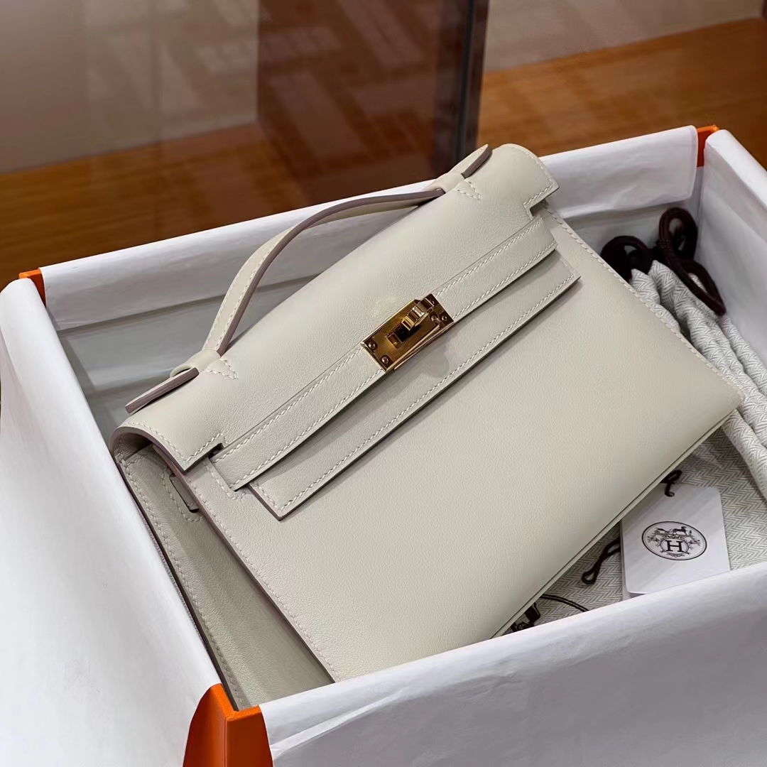 HERMES Kelly Pochette 10 Craie Swift Silvery Full handmade Kelly fatory