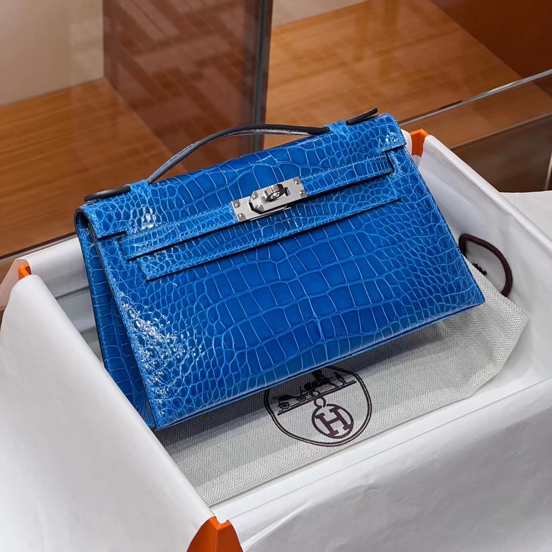 HERMES Kelly Pochette Alligator 7W Bleu Izmir Full handmade 22x14x7cm 【God Factory】 Factory