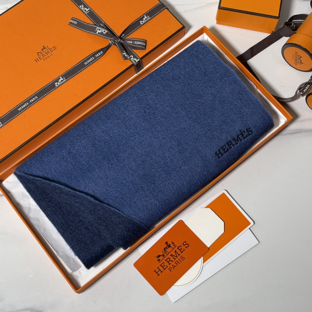 HERMES Cashmere Scarf Z7 Bleu Ocean Fatory 30*180cm