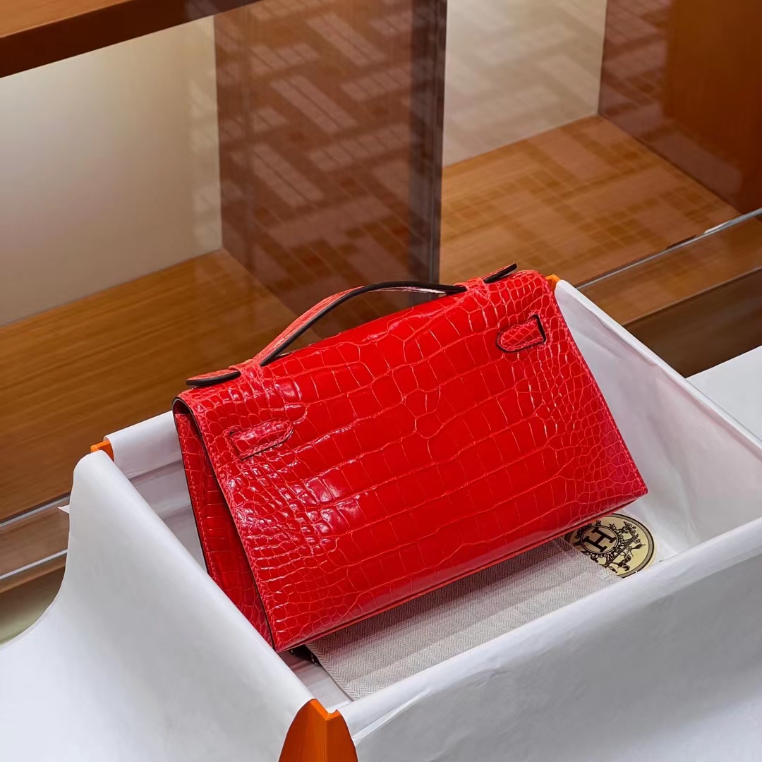 HERMES Kelly pochetto 22cm S5 Rouge Tomate Alligator GOLD Hardware HandMade
