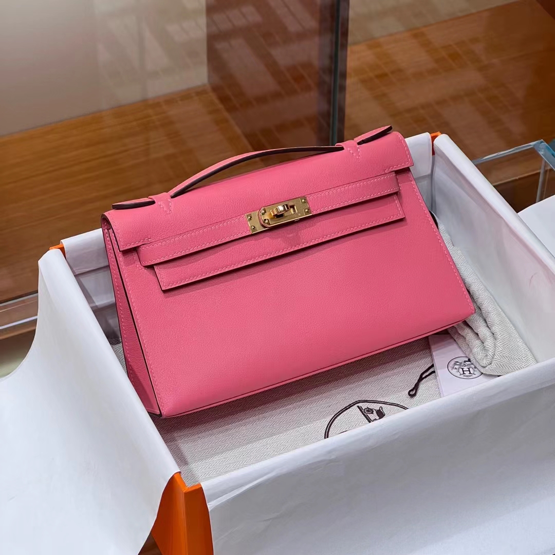 HERMES Kelly Pochette 22CM 5U Rose Dragee Swift GHW Full handmade fatory
