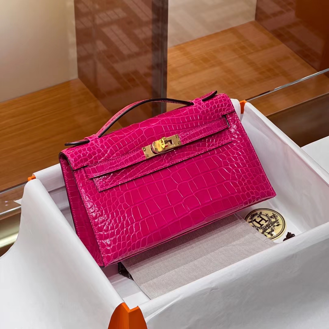 HERMES Kelly pochetto 22cm 5J Fushsia Alligator GOLD Hardware HandMade