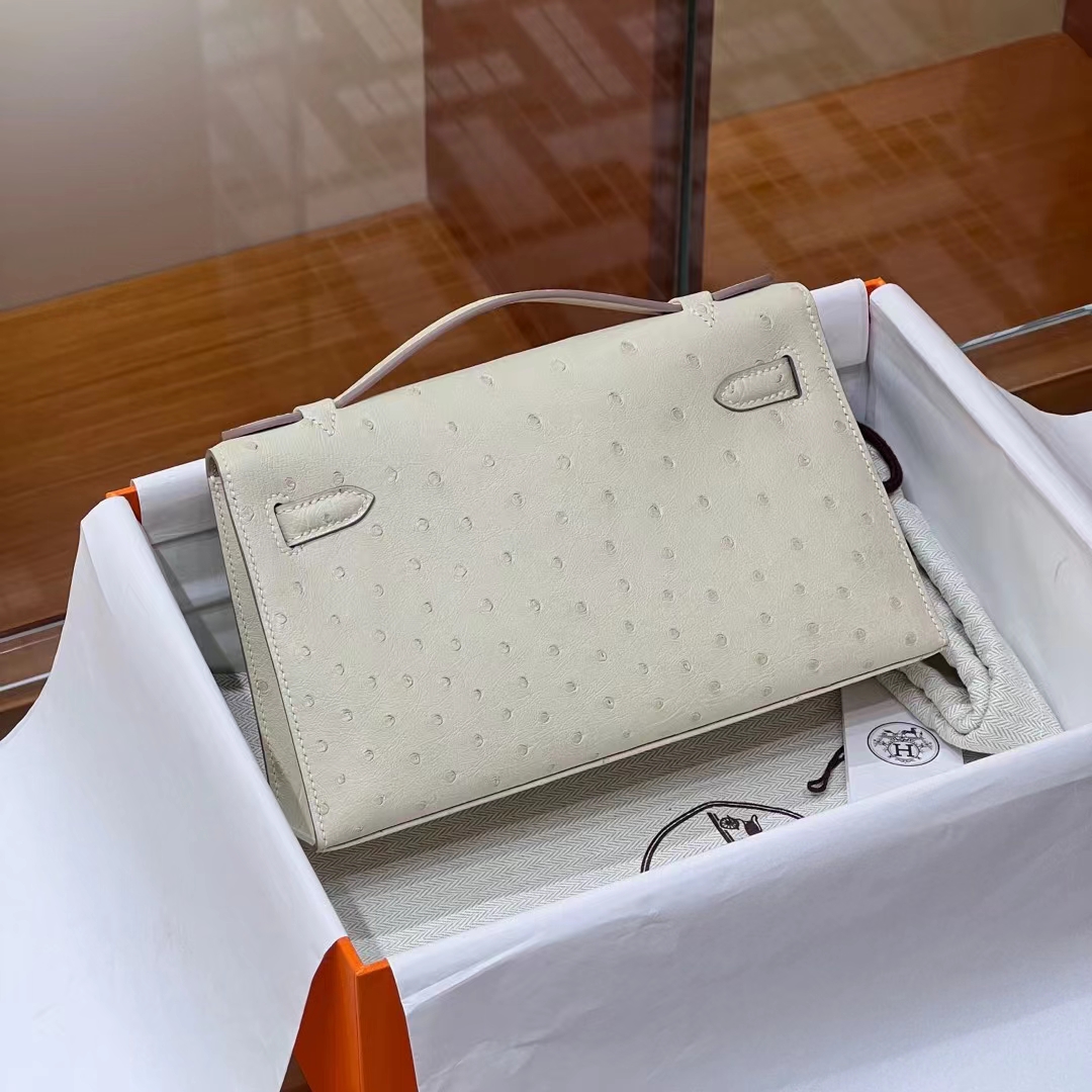 HERMES Kelly Pochette 10 Craie Ostrich Full handmade Kelly fatory