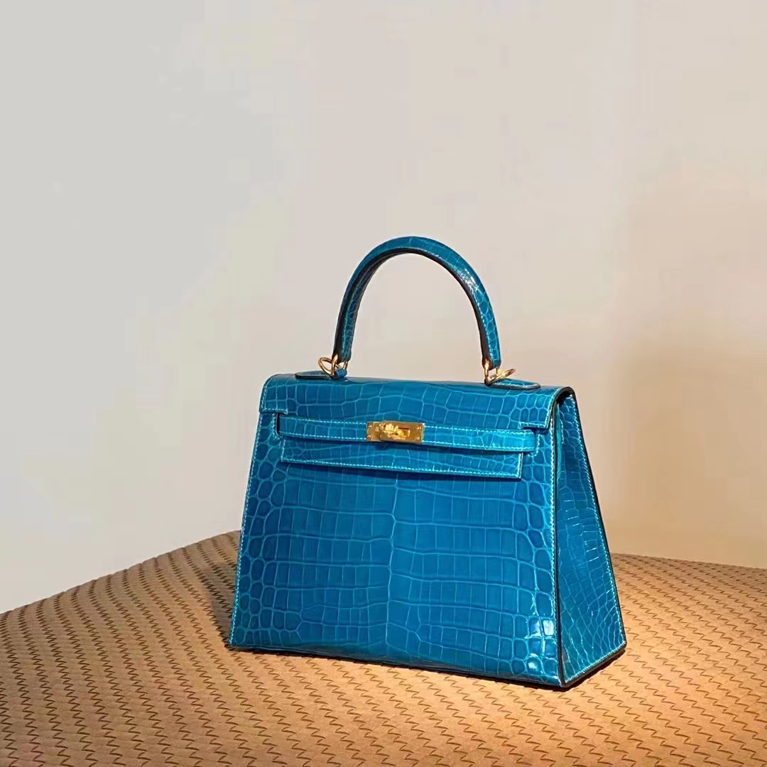 HERMES Kelly 25CM T7 Bleu Hydra  Niloticus GHW Full handmade 25x17x7cm
