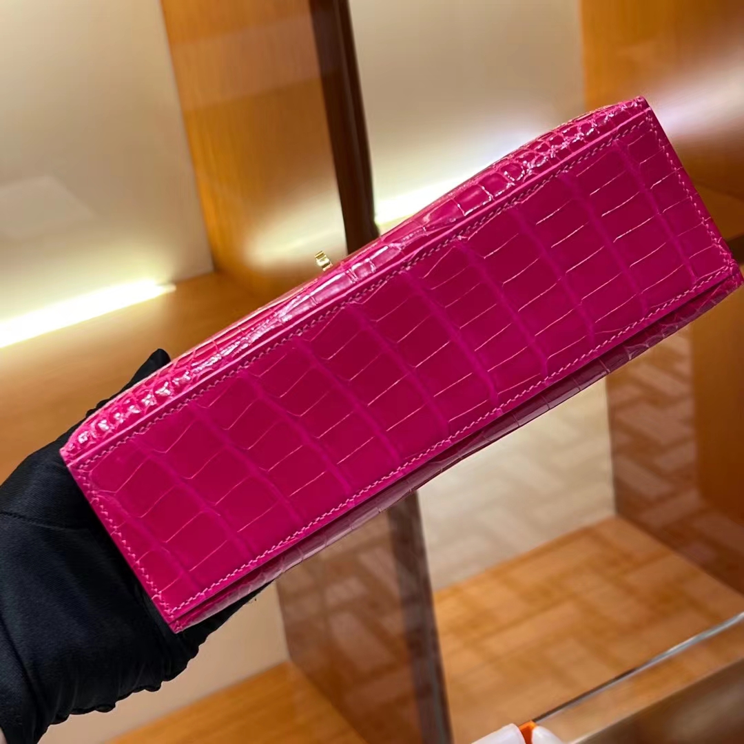 HERMES Kelly Pochette Alligator 5J Fushsia Full handmade 22x14x7cm 【God Factory】 Factory
